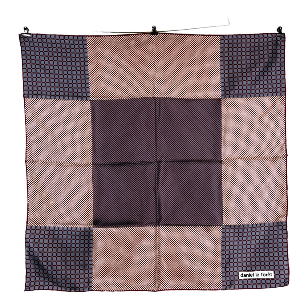 Daniel la Foret Silk Scarf Checkered Geometric Burgundy Handrolled Hem